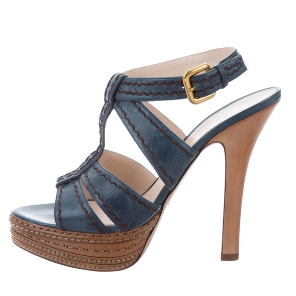 PRADA - Blue & Tan leather Platform Sandals - EU 39.5 - Made in Italy - Picture 6 of 11